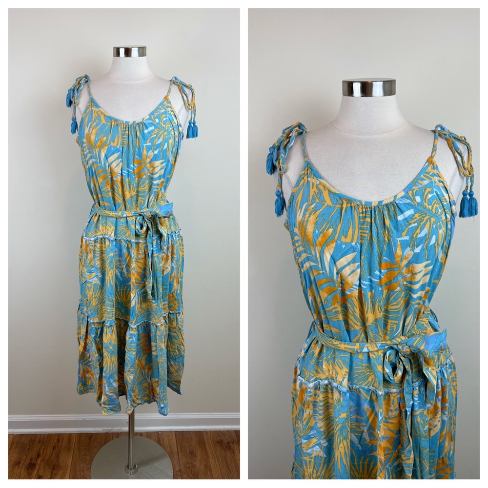 Blue Island Blue Orange Tropical Floral Maxi Bohemian Dress Women Large